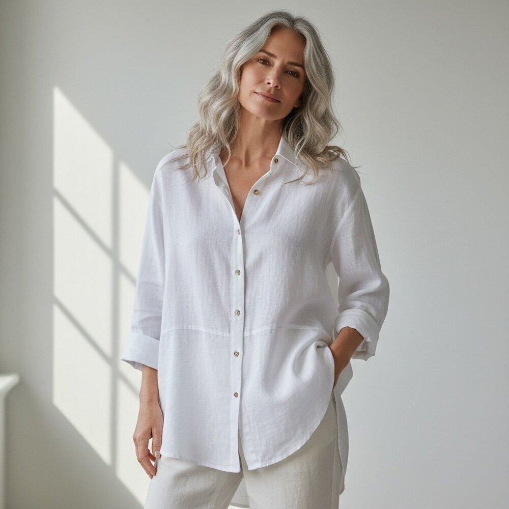 Tahari White 100% Linen Button-Front Tunic Shirt Top Size Large